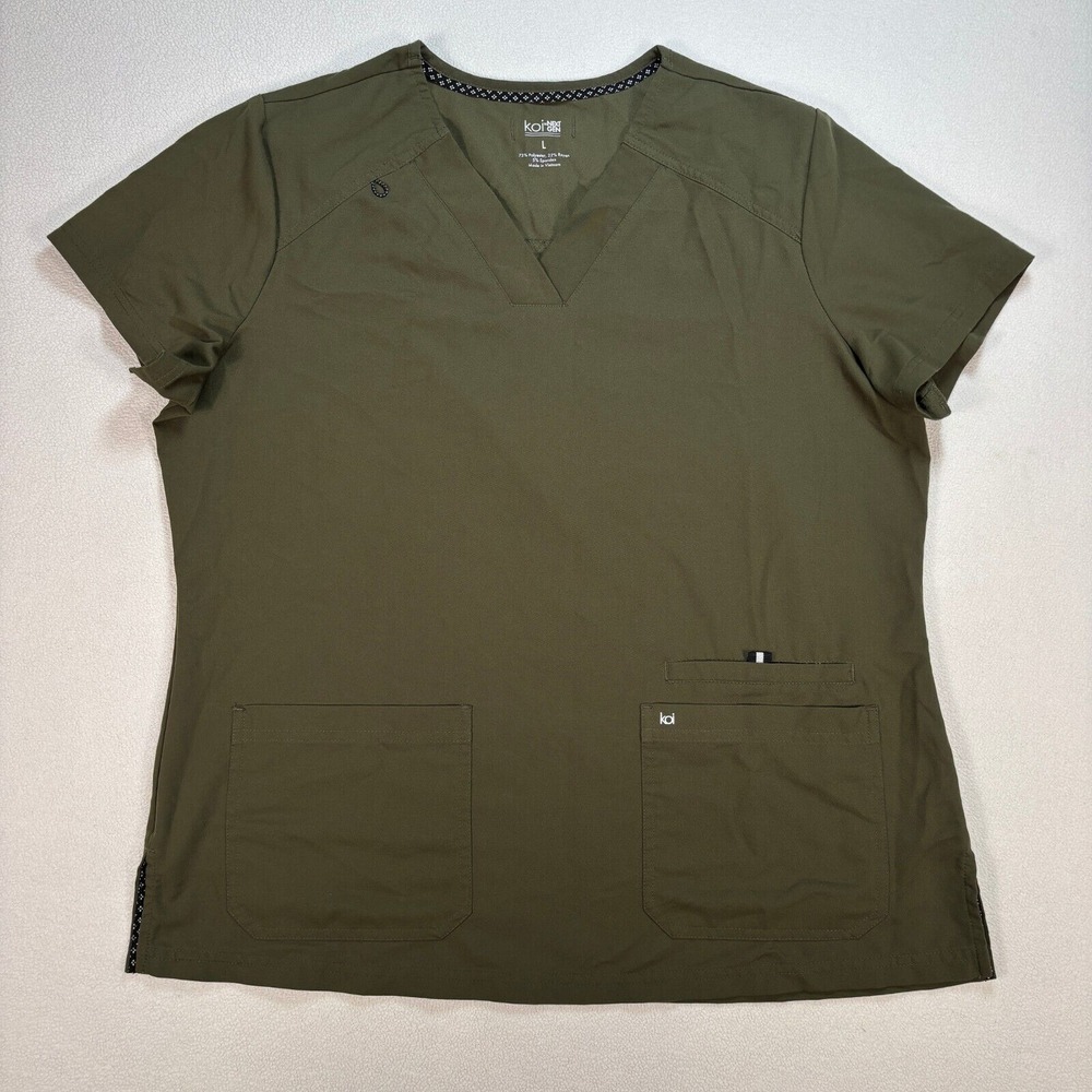 Koi Next Gen Hustle and Heart Scrub Top Women's L Green 3 Pocket V Neck Stretch‎